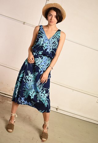 70'S RETRO PARIS CHIC LEAF PRINT SUMMER MIDI FESTIVAL DRESS
