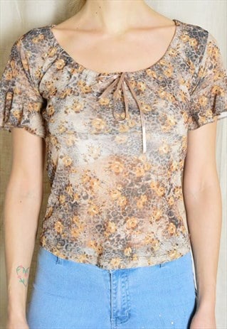 Y2K BEIGE BROWN LEOPARD FLOWER PRINT TOP WITH BOW