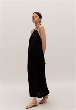 Linen blend slip midi dress women in black