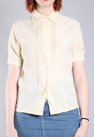 VINTAGE 80S LEMON EMBROIDERED PLEAT BLOUSE