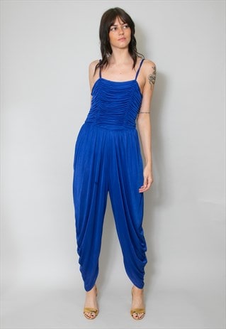 80's Vintage Ladies Blue Jumpsuit Ruched Slinky Evening