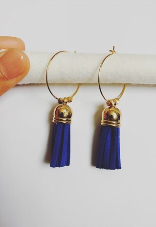 THE ABSTRACT BEE HOOP EARRING IN GOLD WITH BLUE TASSEL