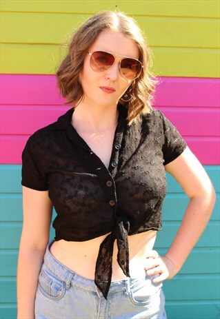 VINTAGE 80S BLACK FLORAL MESH TIE FRONT SHIRT CROP TOP