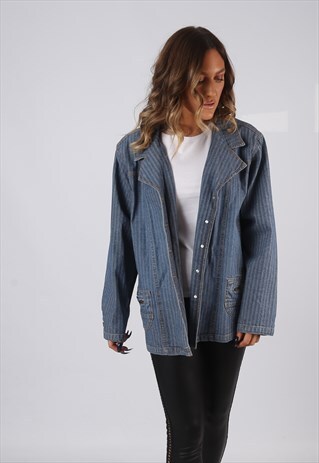 DENIM JACKET PINSTRIPE STRIPED FITTED OVERSIZED UK 18 (GVDQ)