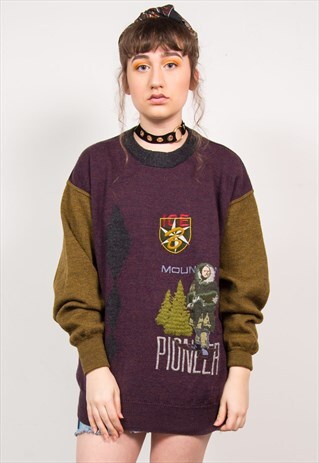 VINTAGE 90'S PURPLE & GREEN KNIT OUTDOOR PRINT SWEATSHIRT