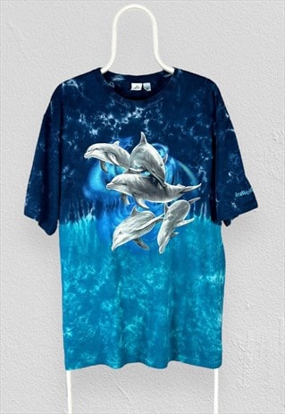 Vintage Seaworld Tie Dye T-Shirt Blue Dolphins Mens Large