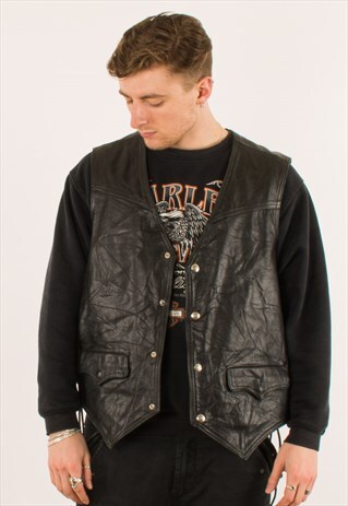 VINTAGE 90S BLACK HARLEY DAVIDSON LEATHER GILET JACKET XXL