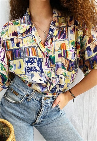 VINTAGE 80S ABSTRACT PRINT HAUTE BOHEME BLOUSE TOP