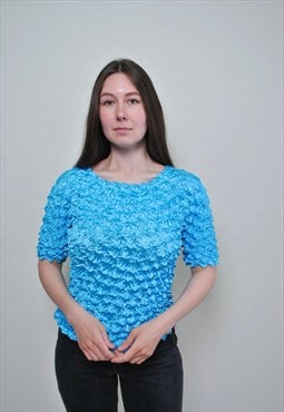 Y2k popcorn top, blue stretchy scrunch blouse 00s - MEDIUM