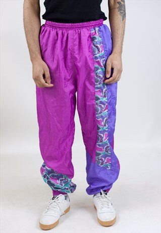 VINTAGE 90S PATTERNED PURPLE SHELL TRACKSUIT BOTTOMS