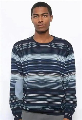 VINTAGE LACOSTE STRIPED LOGO JUMPER NAVY BLUE