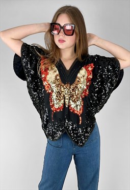 70's Vintage Black Red Gold Sequin Beaded Butterfly Top