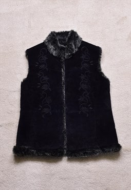Women's Vintage 90s Black Real Suede Embroidered Gilet