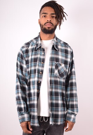 MENS VINTAGE FLANNEL SHIRT XXL BLUE CHECK 90S