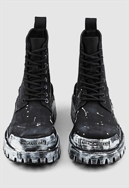 Paint splatter ankle boots edgy graffiti shoes black white