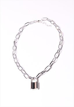 Chunky Link Chain Padlock Necklace. Silver Tone. Stacking.