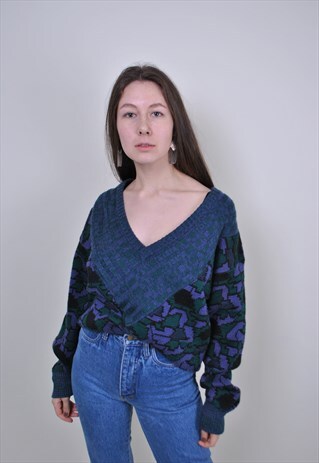 80S PURPLE ABSTRACT SWEATER, DEEP DECOLLETE WOMEN PULLOVER