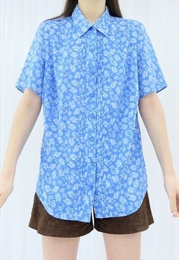 90s Vintage Blue Floral Collared Shirt (Size M)