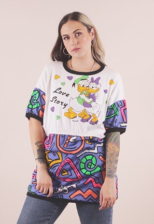 VINTAGE 80S DISNEY DONALD DUCK ABSTRACT T-SHIRT DRESS /A8149