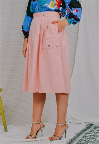 PINK SKIRT VINTAGE 80'S SALMON PLAID WOMEN POCKET HIGH WAIST