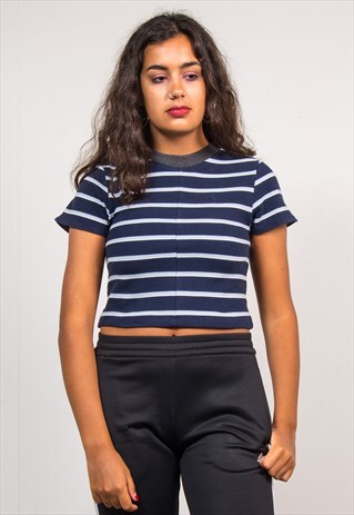 90'S VTG REWORK CROPPED BLUE STRIPED RALPH LAUREN T-SHIRT