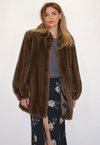VINTAGE 60S DARK BROWN FAUX FUR OVERSIZED JACKET COAT
