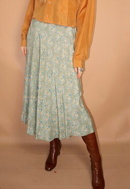 Vintage 80s laura ashley blue green floral midi flare skirt 