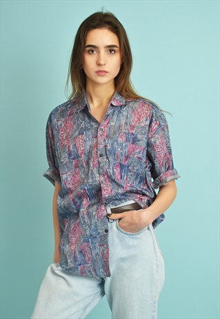 90'S RETRO ABSTRACT PATTERN SILK BLOUSE SHIRT TOP
