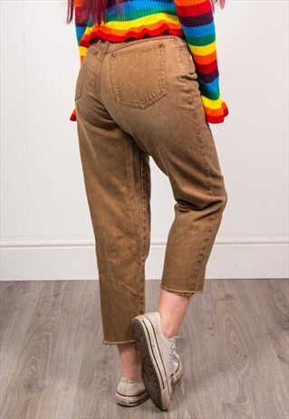 VINTAGE 90'S BROWN DENIM HIGH WAIST FRAYED HEM MOM JEANS