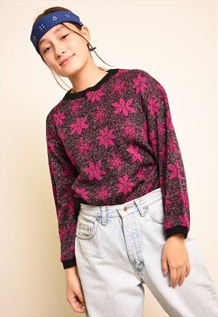 80'S RETRO SHIMMER FAIR ISLE PATTERN KNIT OVERSIZED JUMPER
