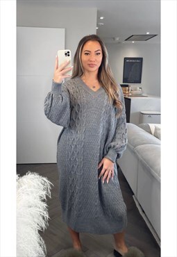 V Neck Maxi Knitted Jumper Dress In Grey