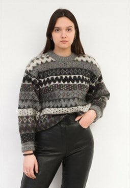 Vintage Women's L Sweater Wool Jumper Christmas Grey Pattern