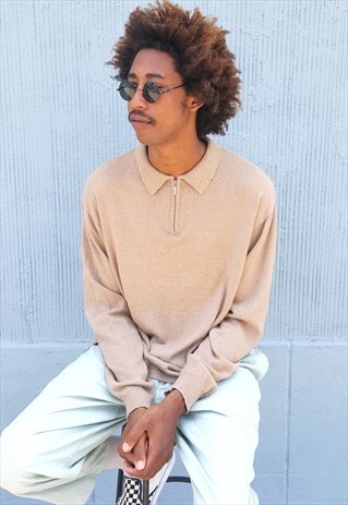90S MINIMALIST LUXURY BEIGE TEXTURED KNIT ZIP PLACKET POLO