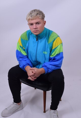 VINTAGE 90'S NEON BLUE GREEN WINDBREAKER SHELL JACKET SMALL