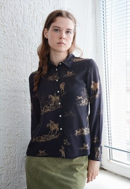 Vintage 60's SAINT-CLAIR PARIS Black Horses Print Silk Shirt