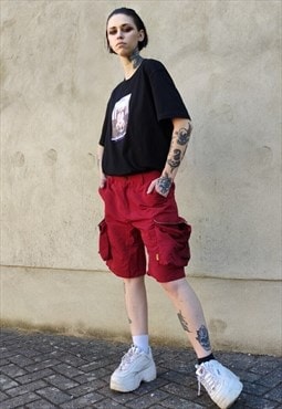 Cargo pocket shorts beam baggy skater sports overalls in red