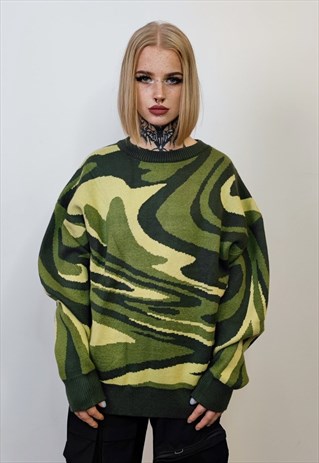 CAMOUFLAGE PRINT SWEATER MILITARY KNITWEAR JUMPER IN GREEN