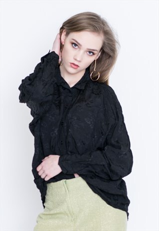 VINTAGE BLACK FLORAL PATTERNED LONG SLEEVE RETRO SHIRT