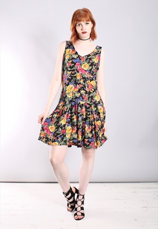 VINTAGE 80S FLORAL MINI PLEATED DRESS