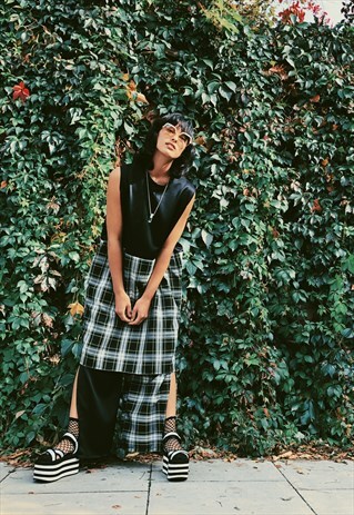 GREEN TARTAN & BLACK SATIN MIDI DRESS