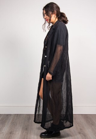 VINTAGE 90'S BLACK LONG LINE SHEER FESTIVAL KIMONO SHIRT