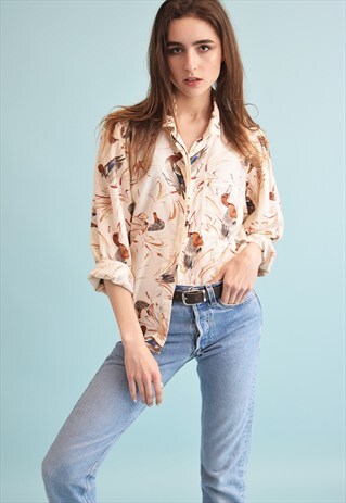 90'S RETRO NEUTRAL BIRD PRINT OVERSIZED MOMS SHIRT TOP