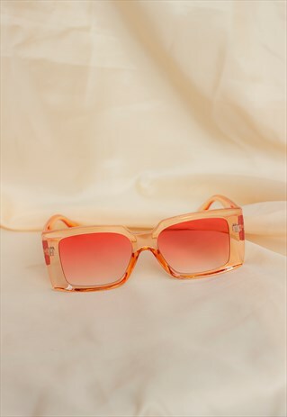 TRANSPARENT PINK CHUNKY BEVELLED RECTANGLE SUNGLASSES