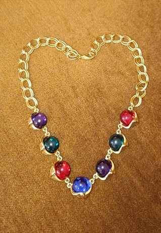 VINTAGE 80S COLORFUL CHUNKY GLASS BEAD NECKLACE IN GOLD