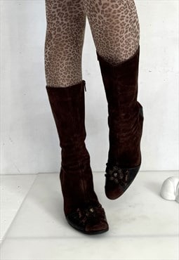 Vintage Y2K iconic retro kitten heel boots in dark brown