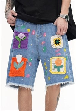 Flower patch denim shorts paint splat jean skater pants blue