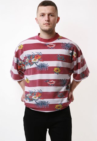 90S VINTAGE OLDSCHOOL FLORAL STRIPED COTTON T-SHIRT 16806