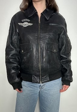 Leather bomber jacket vintage 90s cargo pockets badges