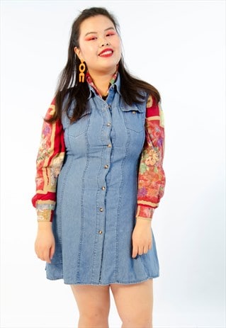 VINTAGE 90S MINI DRESS BLUE DENIM SLEEVELESS PINAFORE