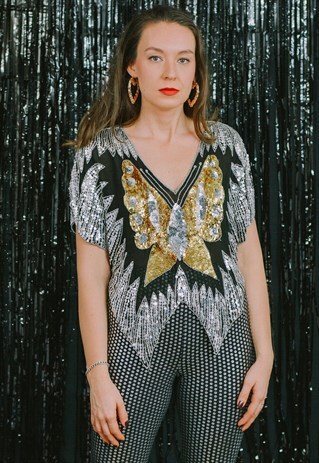 BUTTERFLY TOP 80S TOP DISCO VINTAGE SEQUINS BLOUSE L